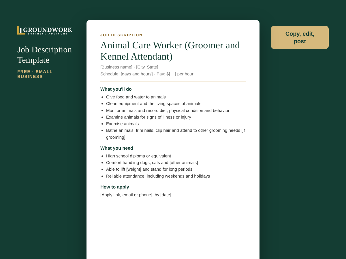 Animal Care Worker (Groomer and Kennel Attendant) job description template preview