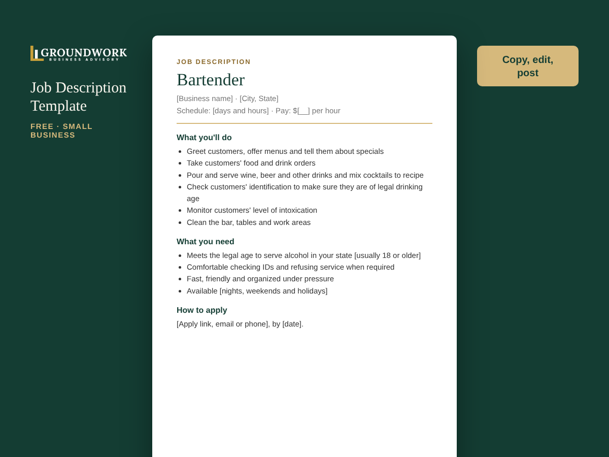 Bartender job description template preview