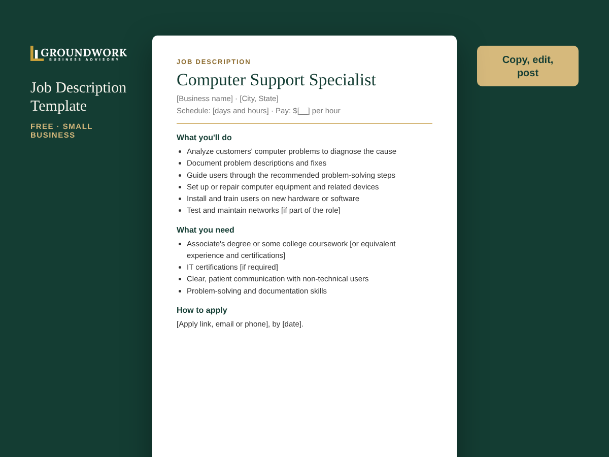 Computer Support Specialist job description template preview