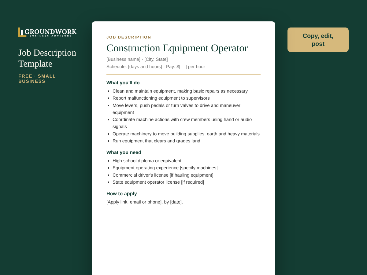 Construction Equipment Operator job description template preview