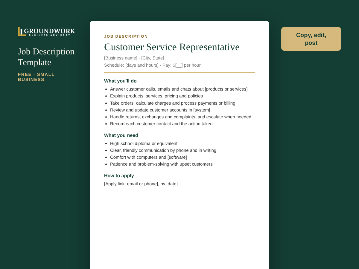 Customer Service Representative job description template