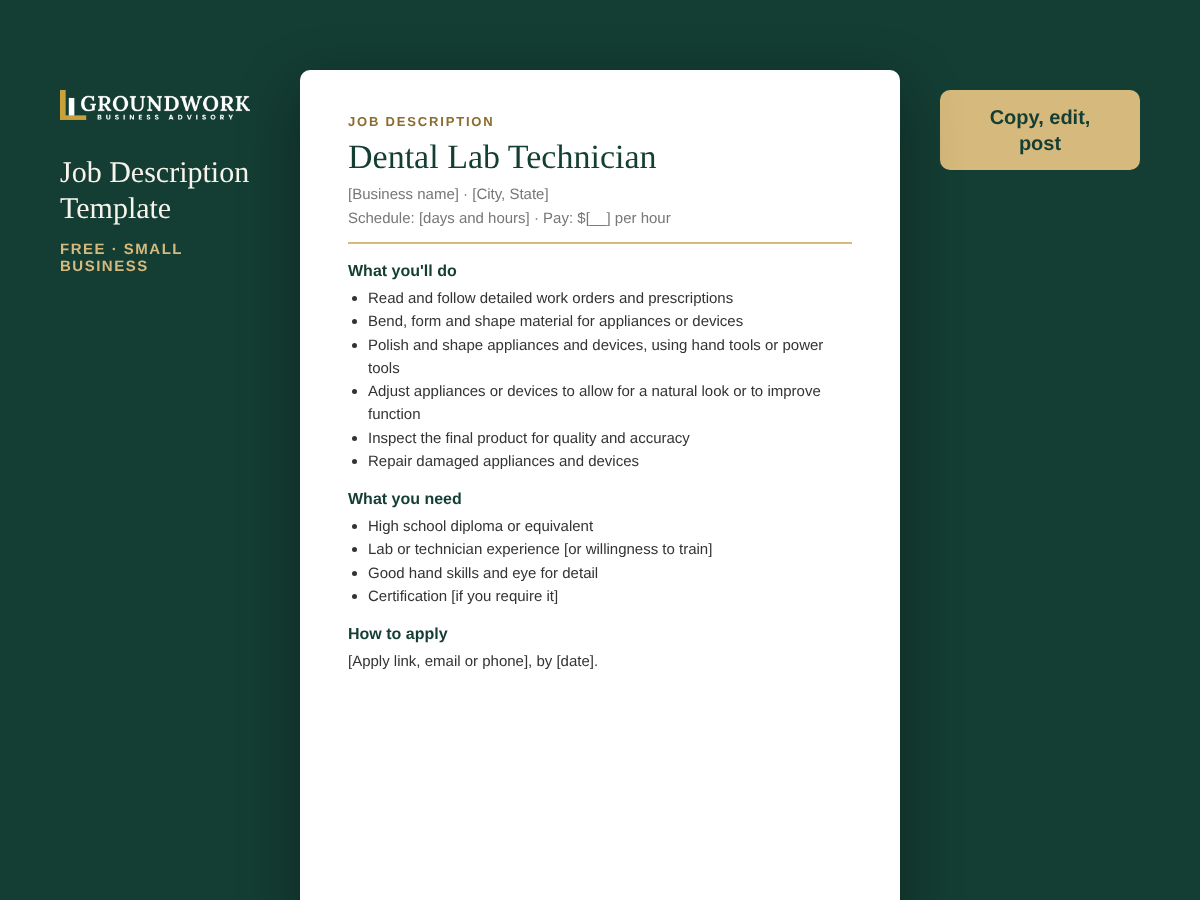 Dental Lab Technician job description template preview