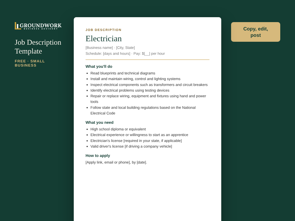Electrician job description template preview