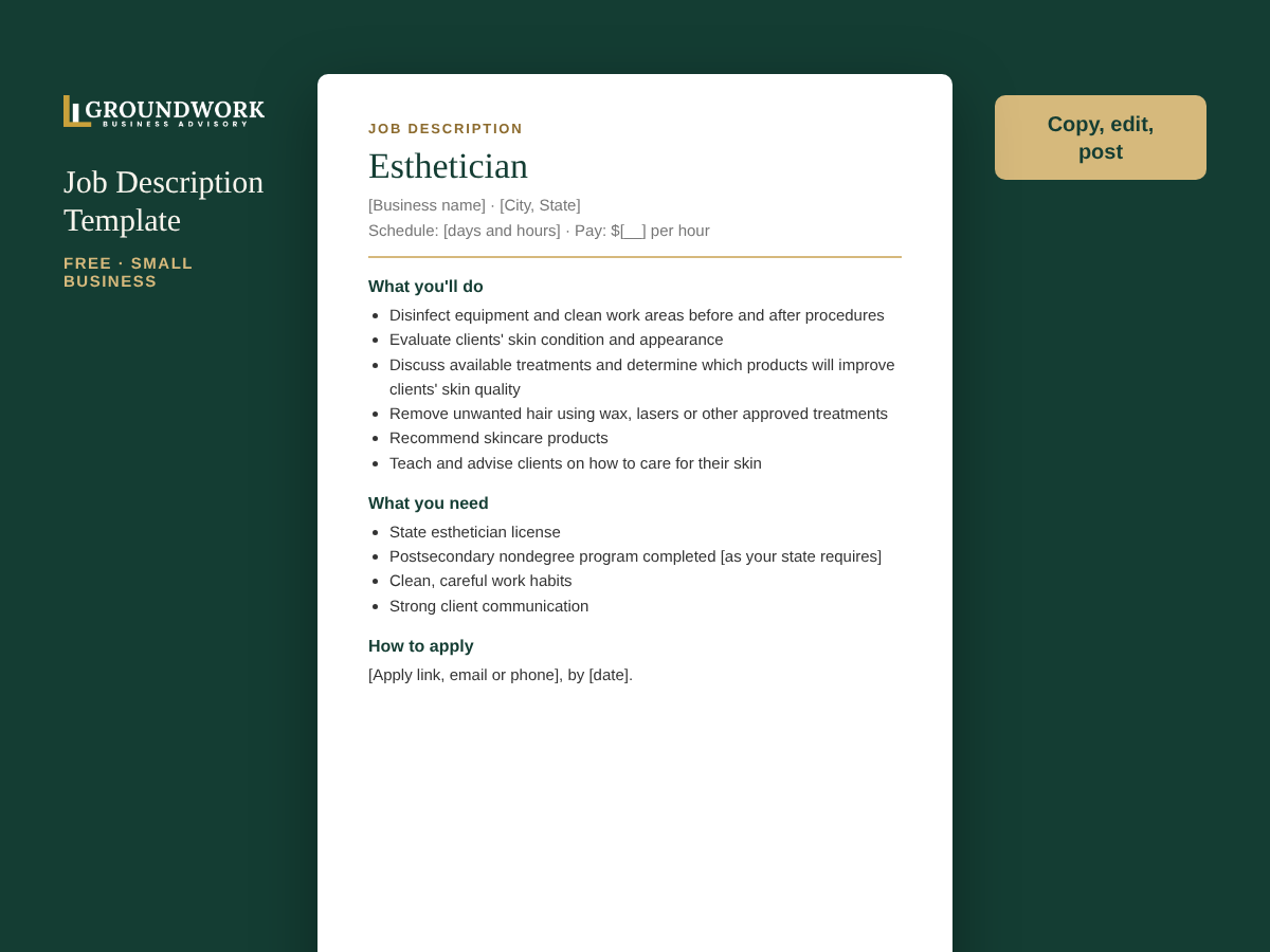 Esthetician job description template preview