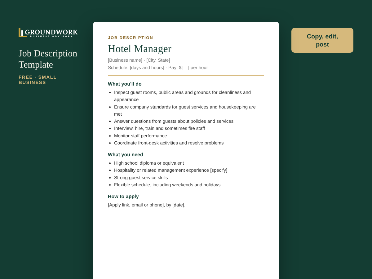 Hotel Manager job description template preview