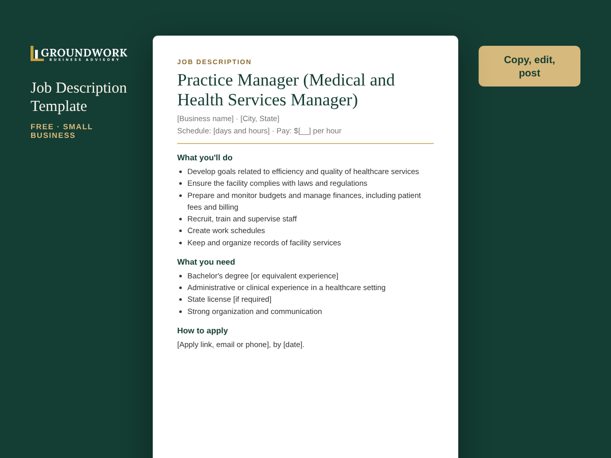 Practice Manager (Medical and Health Services Manager) job description template preview