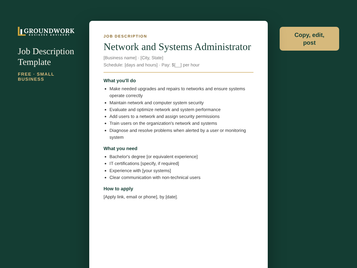 Network and Systems Administrator job description template preview