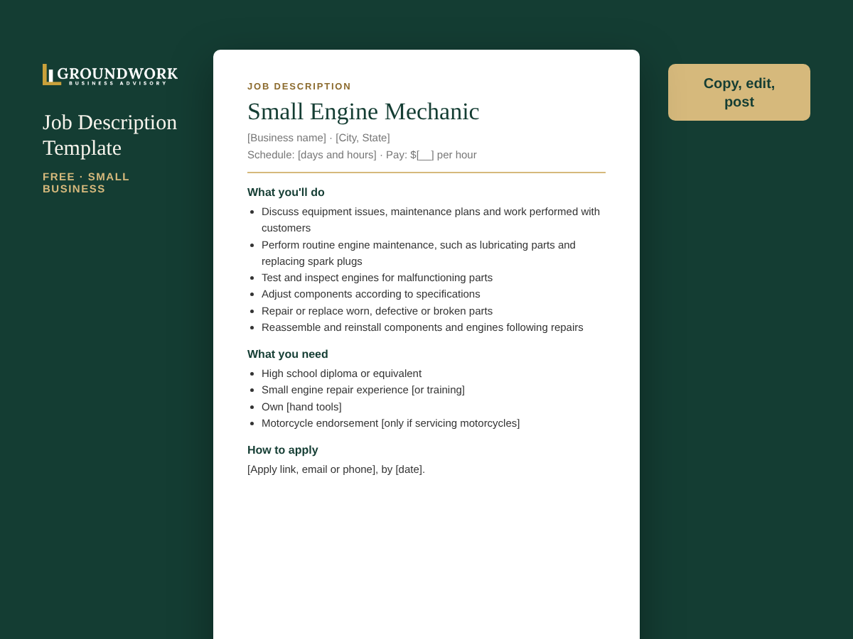 Small Engine Mechanic job description template preview