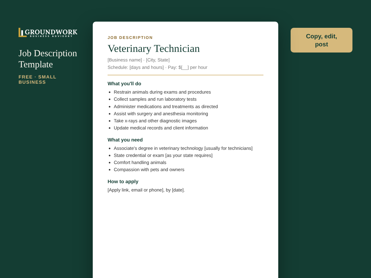 Veterinary Technician job description template preview